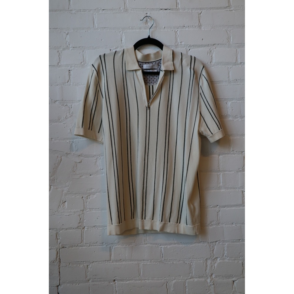 Denim & Flower Ricky Singh Mens Knit Polo Shirt Cream Black Stripe Quarter Zip L